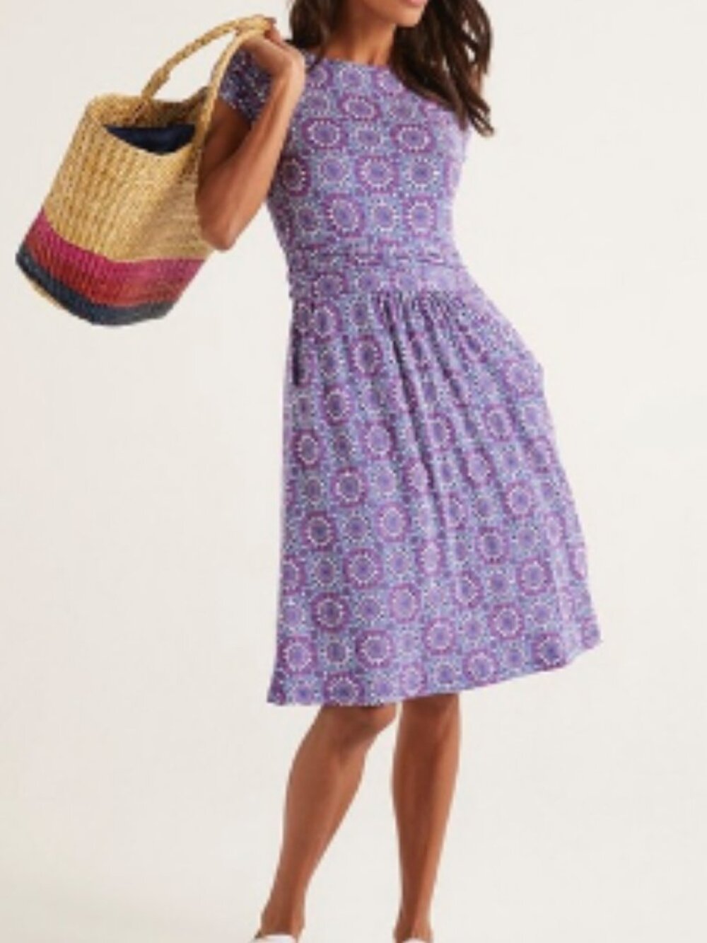 Boden Amelie Size 14R Jersey Dress Ruched Waist Sun Tile Medallion Purple Pink